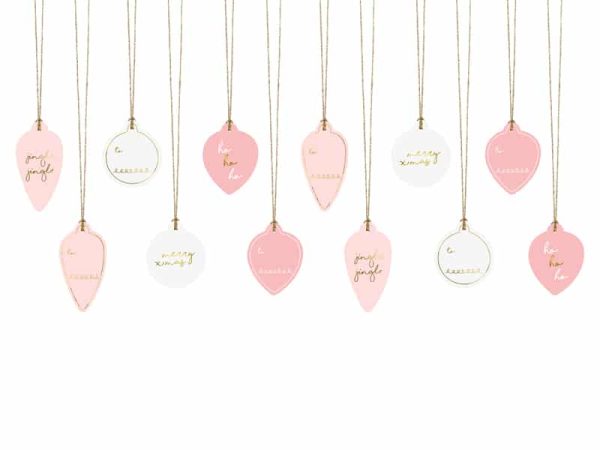 Jule rosa/hvid gavemærker med snor