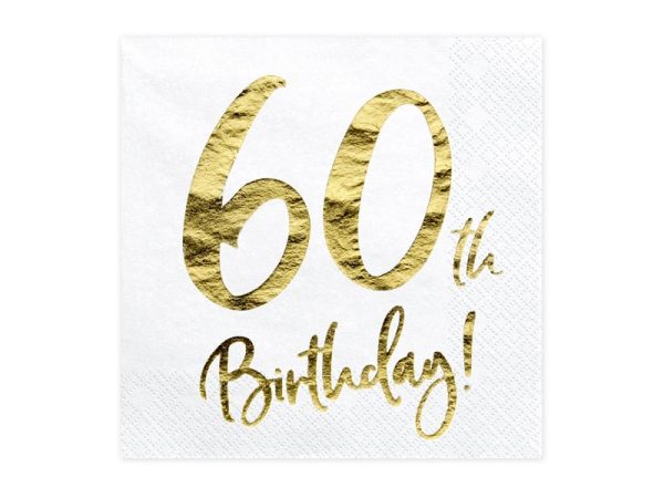 Hvid serviet med guld “60th birthday”