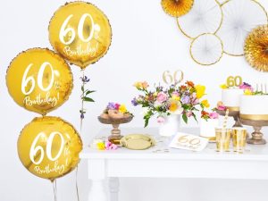 Hvid serviet med guld “60th birthday”