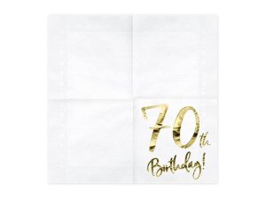 Hvid serviet med guld “70th birthday”