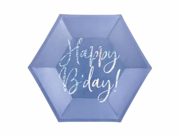 Blå kantet paptallerken m/ holografisk “Happy B’day”