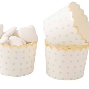 Hvid cupcake og snackbæger med lyseblå prikker og guldkant