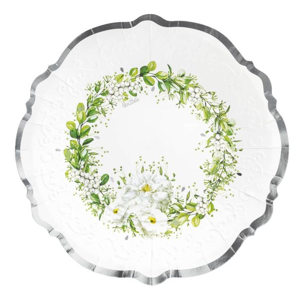 Hvid blomster tallerken med sølv kant (lille)