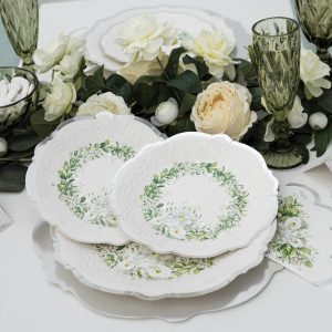 Hvid blomster tallerken med sølv kant (stor)