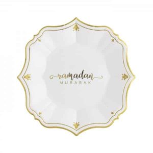 Hvid/guld desserttallerken “Ramadan Mubarak”