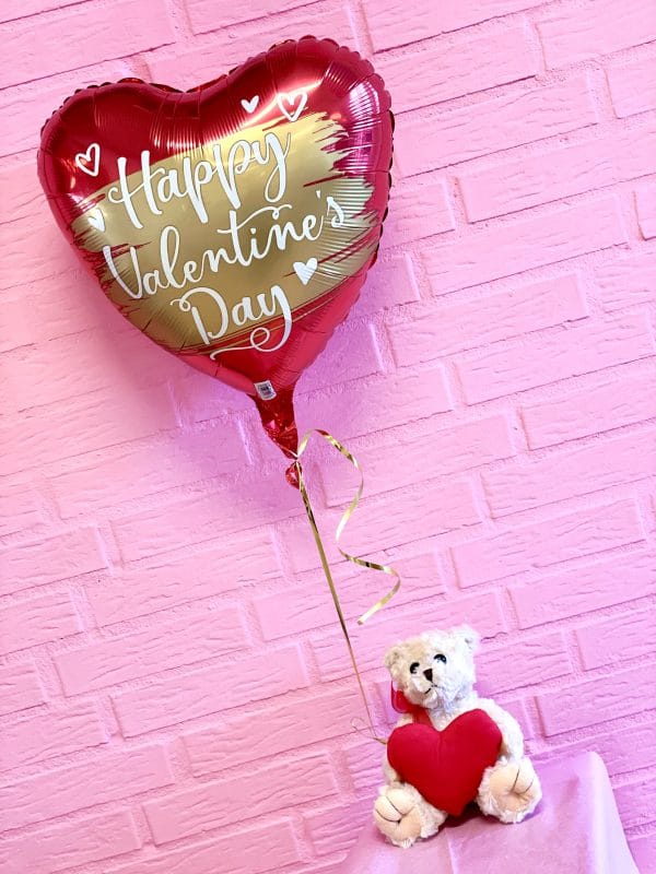 Ballon box valentinsdag rød & guld hjerte m/ bamse