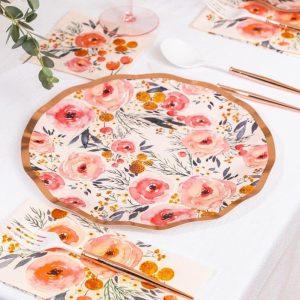 Sommer blomster paptallerken m/buet rosegold kant (stor)