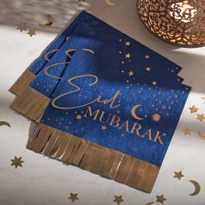 Navy blå “Eid Mubarak” serviet m/ guld fryns