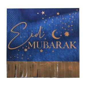 Navy blå “Eid Mubarak” serviet m/ guld fryns