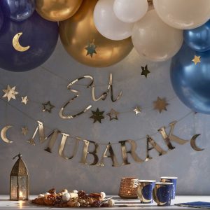 Guld "Eid Mubarak" banner m/ måne & stjerner