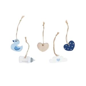 Blå gavemærker i træ m/hjerte, sutteflaske, sky og and