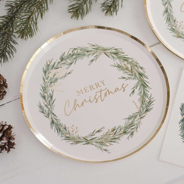 Hvid/guld “Merry Christmas” paptallerken m/gran