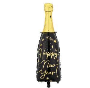 Sort champagneflaske folie ballon m/”Happy New Year”