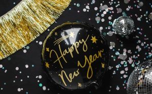 Sort rund folie ballon “Happy New Year”