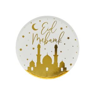 Guld/hvid “Eid Mubarak” paptallerken