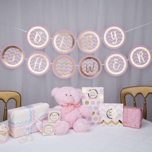 Lyserød/guld “Baby Shower” banner