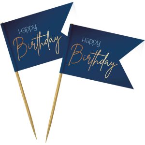 Navy blå /guld "Happy Birthday" kageflag