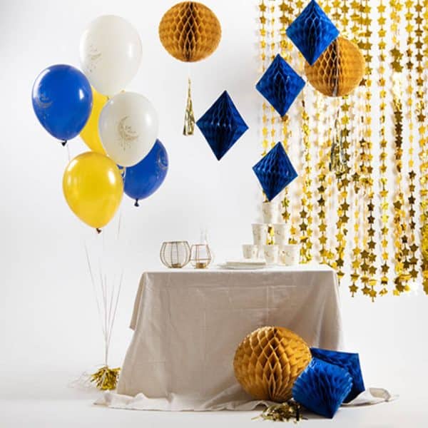 Creme/blå/guld “Eid Mubarak” balloner