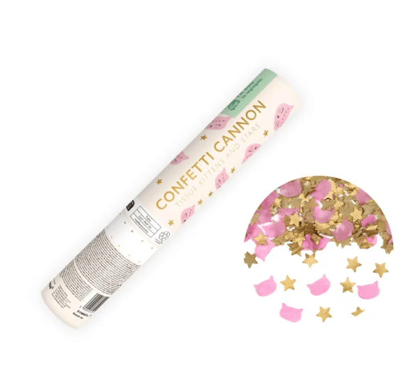 Konfettirør med pink katte og guld stjerner (20 cm)