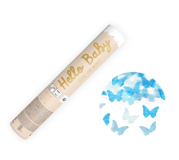 Konfettirør “Hello baby” med lyseblå sommerfugle (20 cm)