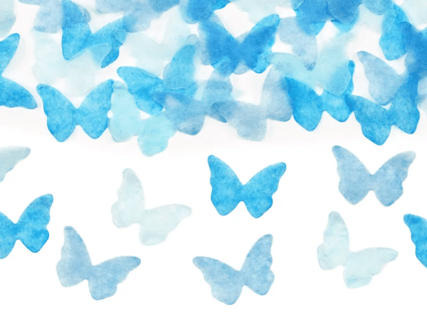 Konfettirør “Hello baby” med lyseblå sommerfugle (20 cm)