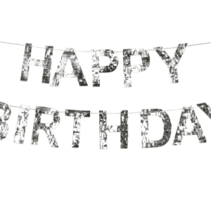 Sølv "happy birthday" banner m/frynser