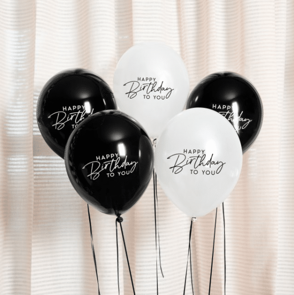 Sort/hvid ballon “happy birthday to you” sæt