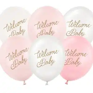 Lyserød og hvid "welcome baby" balloner