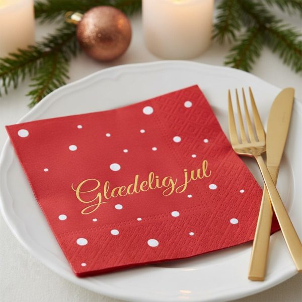 Rød “glædelig jul” serviet m/hvide prikker