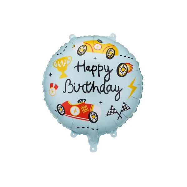 Lyseblå racer folie ballon “Happy Birthday”