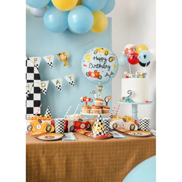 Lyseblå racer folie ballon “Happy Birthday”