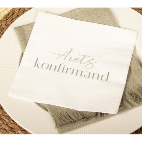 Hvid/sølv “årets konfirmand” serviet